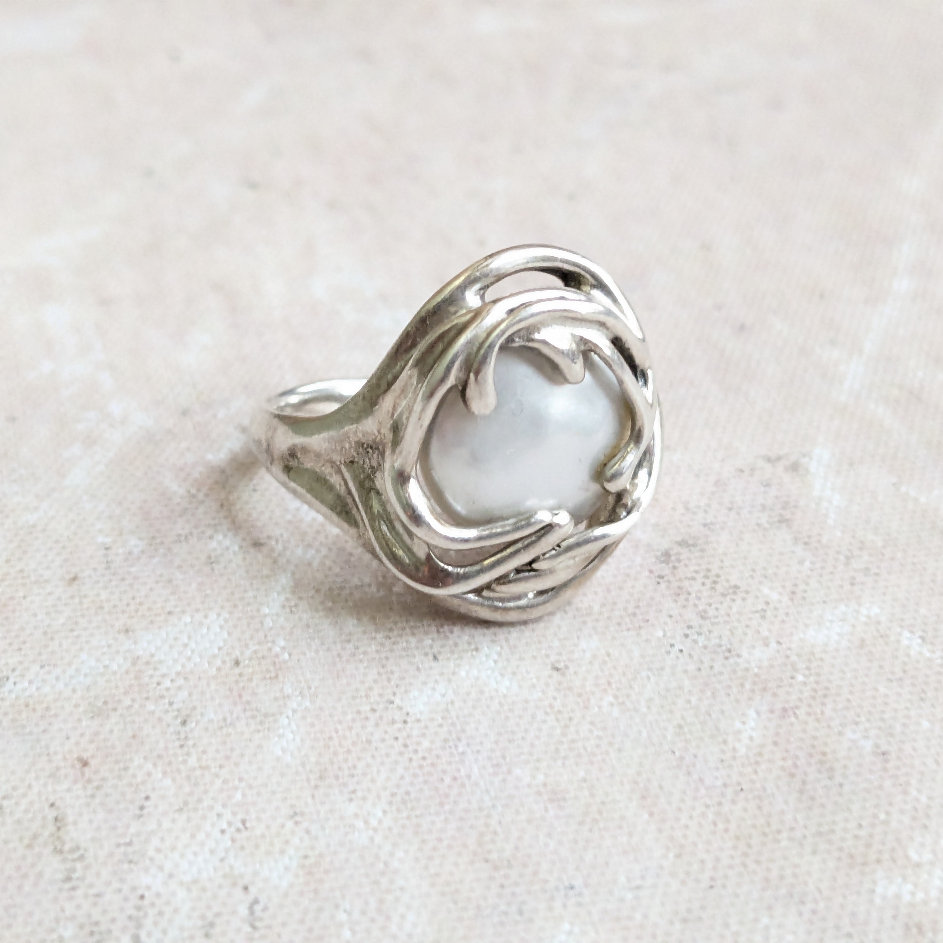 Hagit Gorali Sterling Silver Ring Coin Pearl 8 Israel Abstract